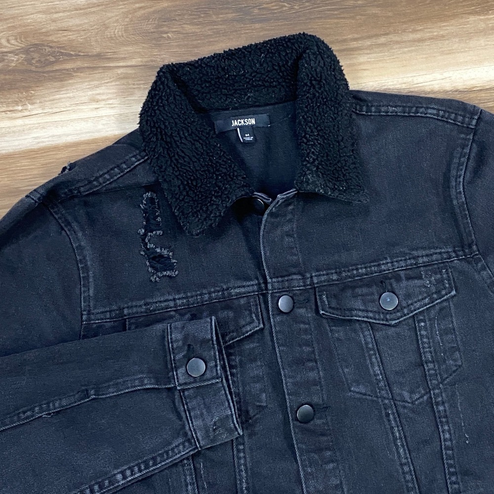 Jackson‎ Denim Jacket Women M Distressed Borg Collar Cotton Blend Trucker Black - Picture 2 of 11